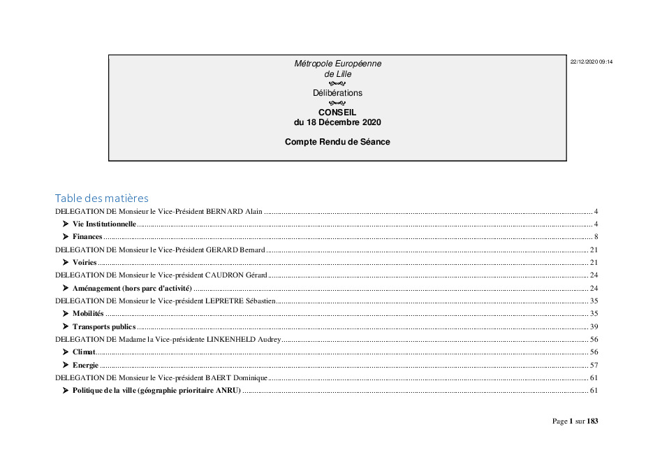 Compte rendu du conseil metropolitain du 18 decembre 2020