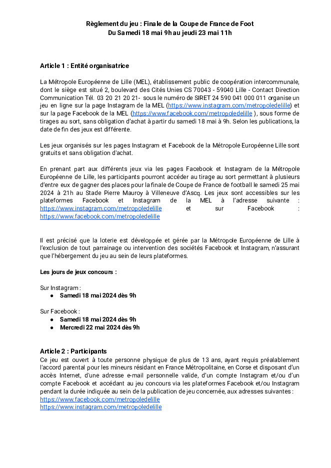 Règlement Jeux-concours : Finale de la Coupe de France de Foot