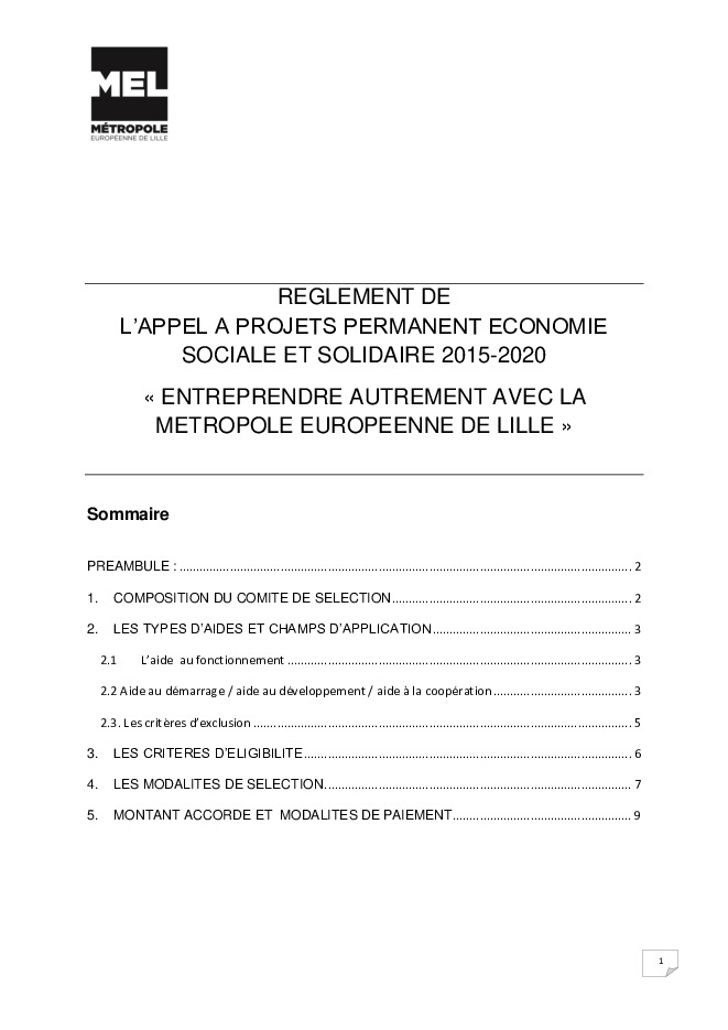Règlement appel à projet ESS 2015-2020 | Métropole européenne de Lille