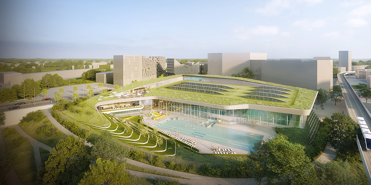 Vue extérieure du projet de la piscine olympique / Auer Weber ©Vize (agrandir l'image)