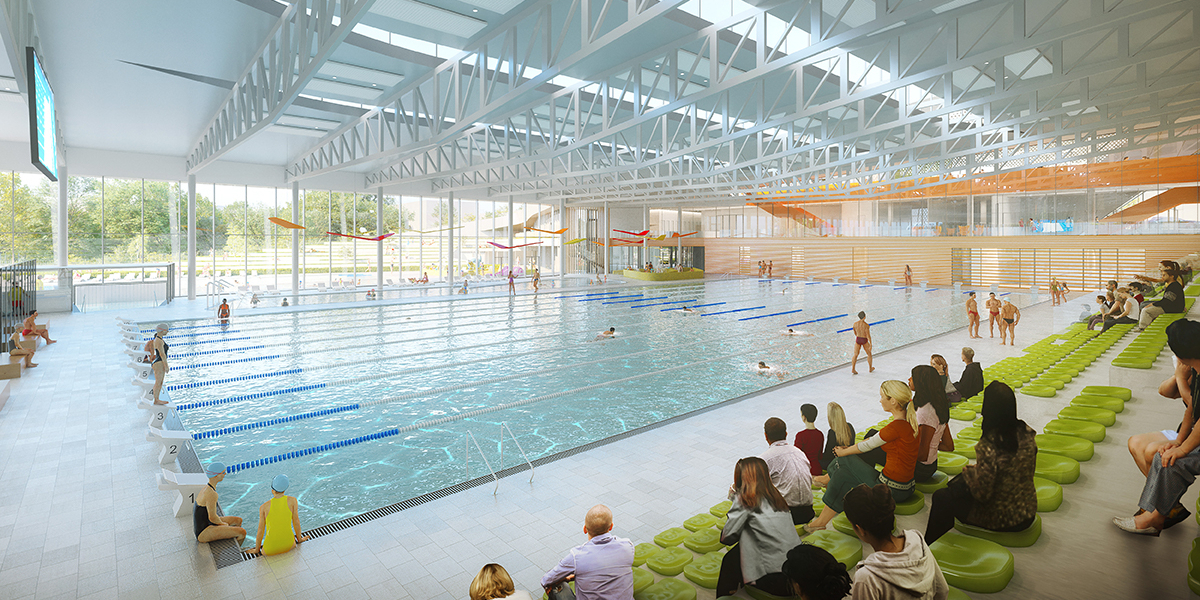 Vue intérieure du projet de la piscine olympique / Auer Weber ©Vize (agrandir l'image)
