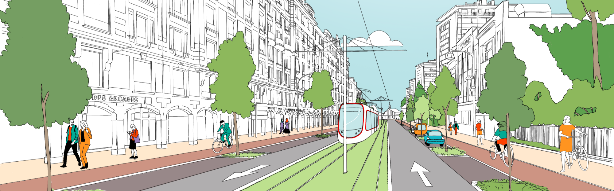 Tramway arrivant sur une rue