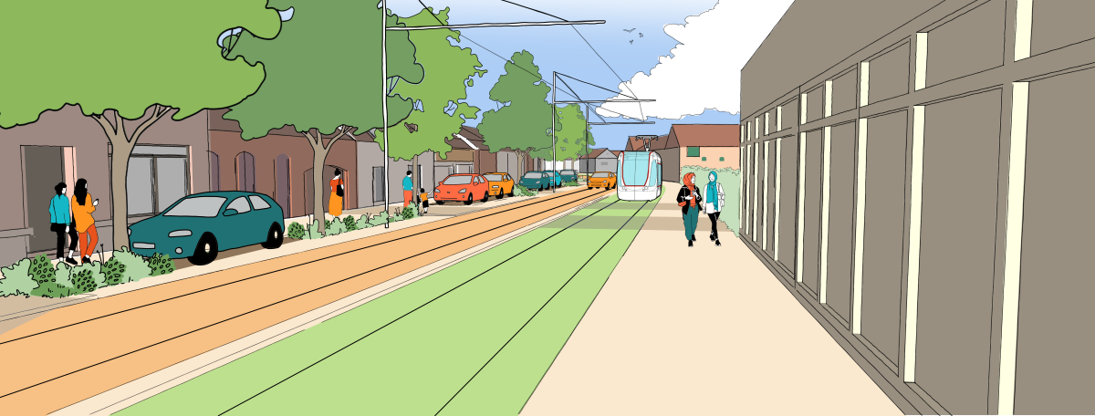 Personnes marchant sur un trottoir à côté d'une voie tramway