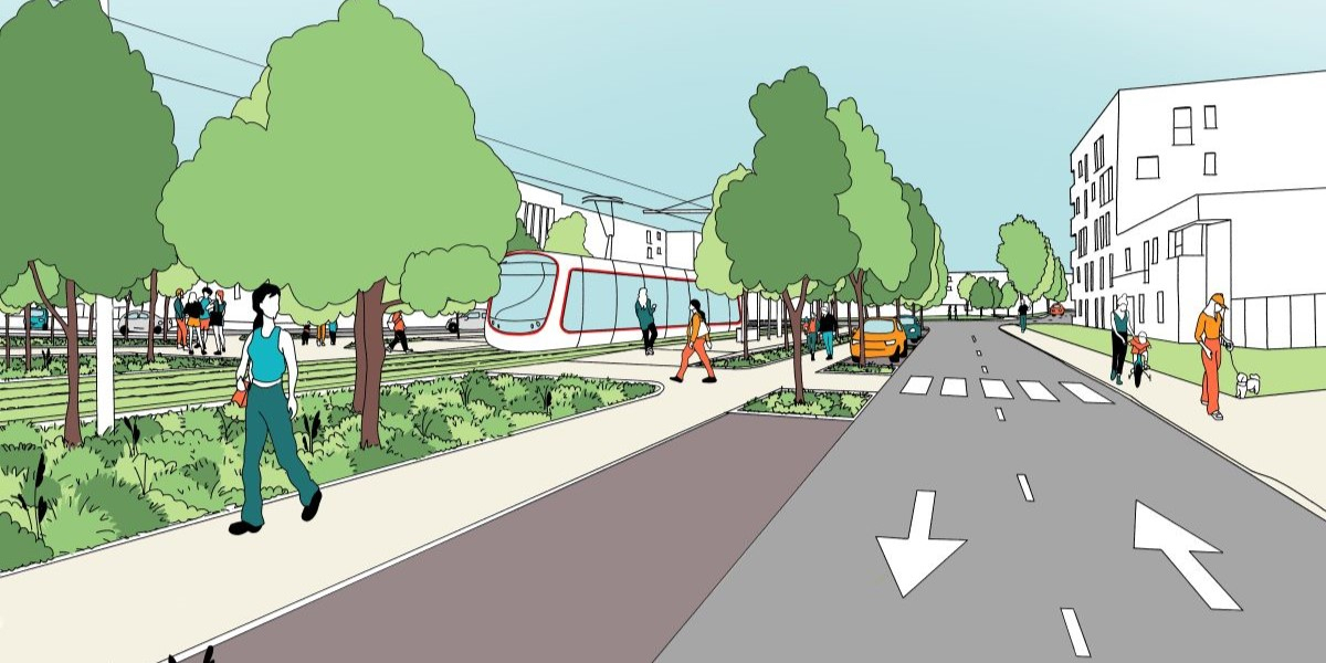 Voie circulée, trottoir et tramway