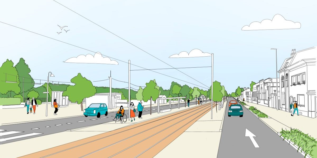 perspective d'une rue avec station de tramway