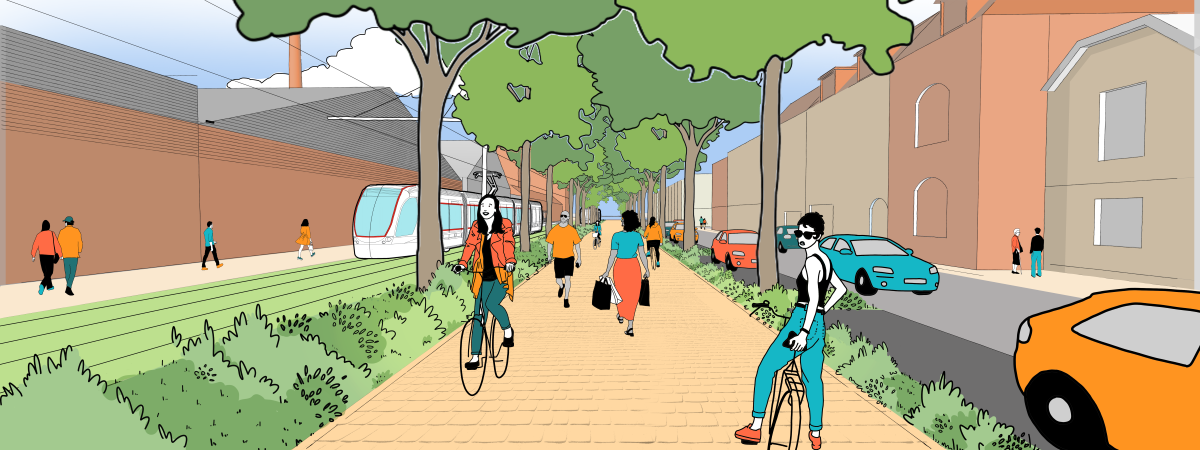 Trottoir, voie tramway, piste cyclable et espace piétons, voie circulée