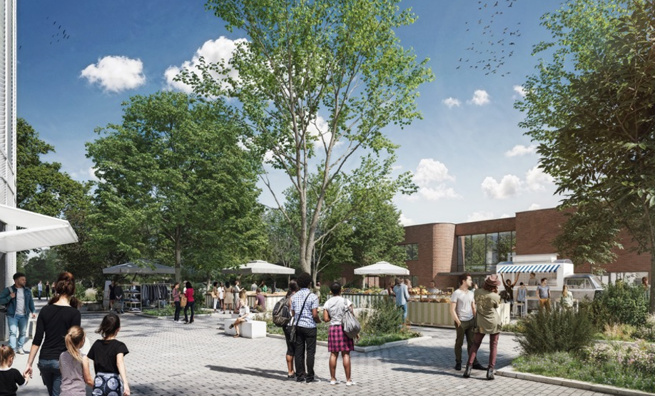 La place de la Bourgogne – côté marché (à gauche la halle de commerces et services et à droite la future crèche). Crédit : Ville Renouvelée.