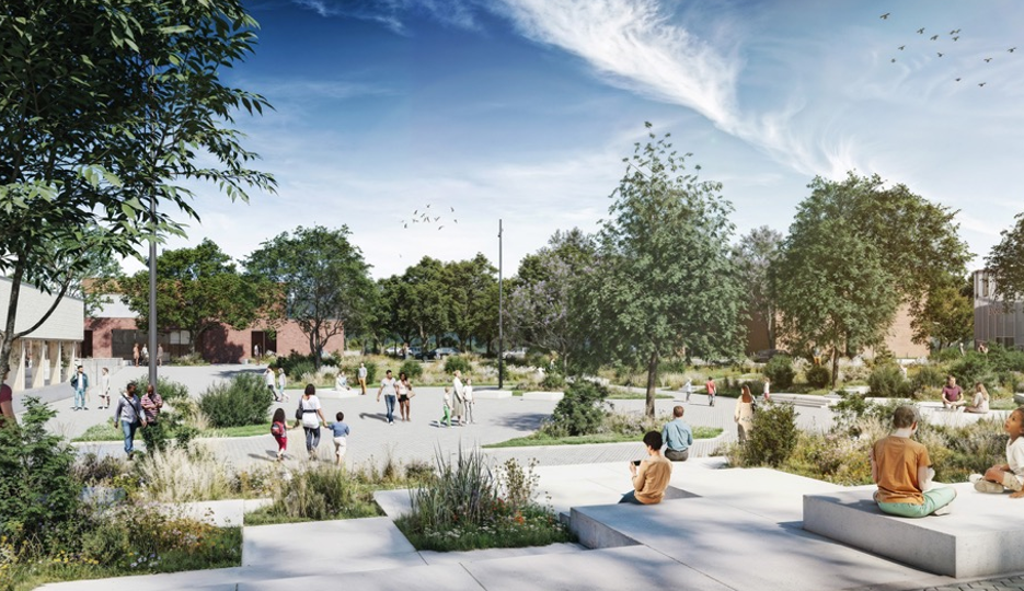 La place de la Bourgogne – côté spectacles (au fond à gauche, vue sur le Groupe scolaire à côté de la future extension du centre social). Crédit : Ville Renouvelée.